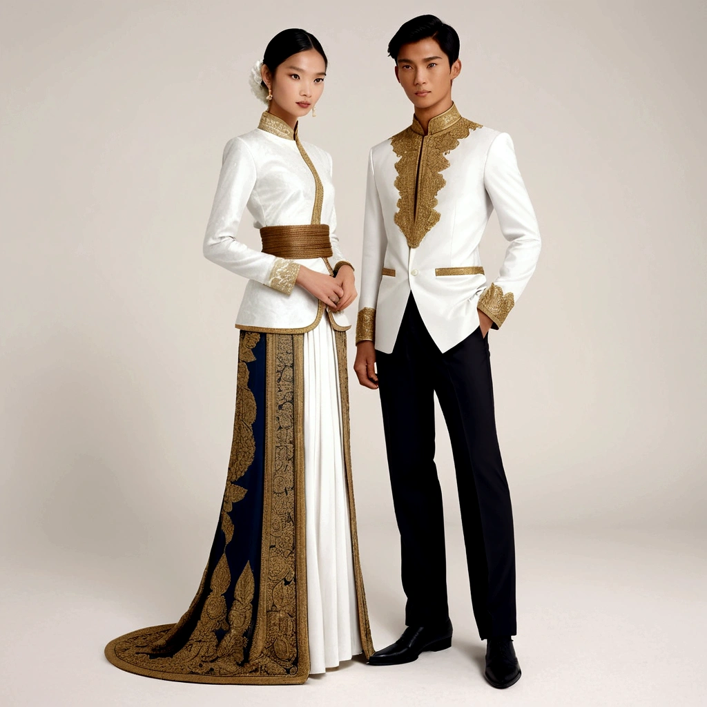 candid fashion illustration of young man and woman, both aged 20 year old, ((showcase fashion in a White Northern Thai Lanna costume outfits)), in elegant luxury style, The man wears a simple long-sleeved white shirt with Lanna details, paired with pants. The woman complements him with white A tubular skirt that is handwoven and often features intricate patterns. It is usually worn ankle-length and is wrapped around the waist, A fitted, often intricately decorated blouse that complements the skirt. Captured in a low angle, ((full-body image)), (full-body pose)), ((white studio background)), realistic color pencil lines, perfect drawing, charcoal lines, fading sketch, quick Sketch, soft light,