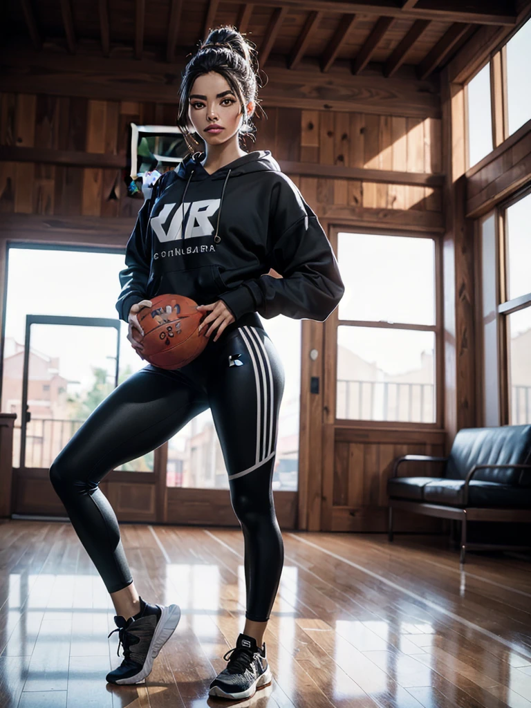 georgeous young colombian woman,playing basketball, wearring a legging and a sweatshirt, full body, beautiful face, masterpiece, best quality, ultra-detailed, solo, shadows, contrast, cinematic light, side lighting, ultra hight resolution, best shadow, RAW, 4K, 85mm, poca profundidad de campo, Kodak Vision Color, extrem adamente detallado, Cinematographer_\(ultra\), photorealistic, Realistic, Postproceso, Maximum details, aspereza, vida real, ultra realista, fotorrealismo, Cinematographer, 8k HD, Cinematographer
