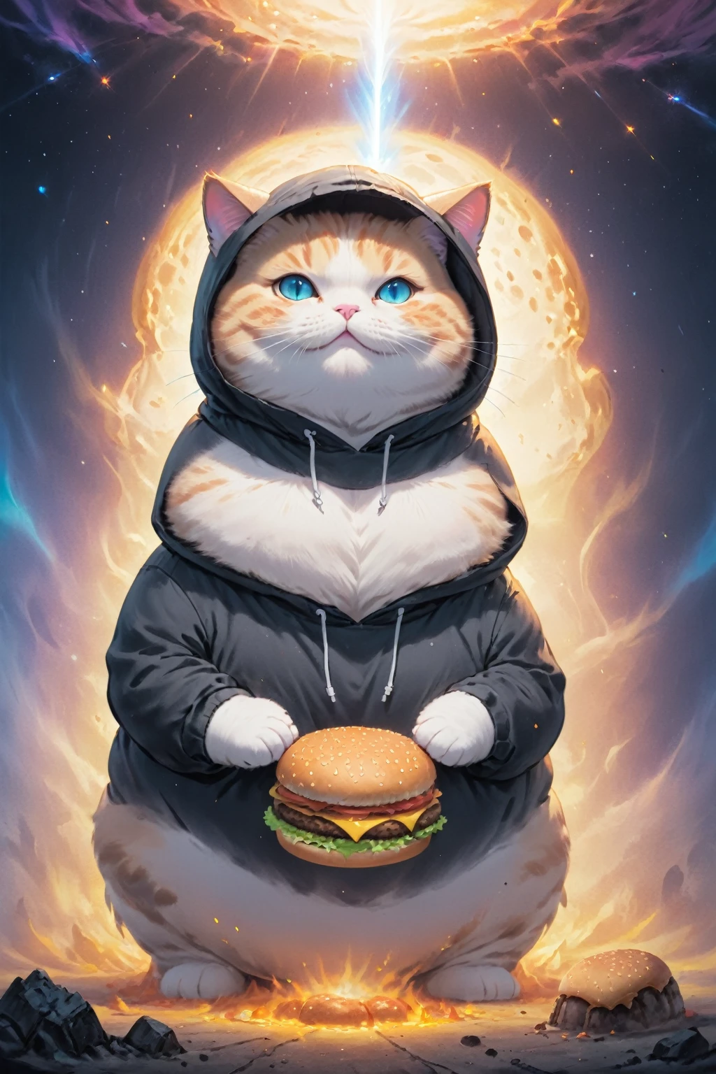 Cosmic Canvas,(dystopian background:1.3), Flawless, Clean, masterpiece, Draw a chubby cat, Wearing a hoodie, Take the burger, Light mist,