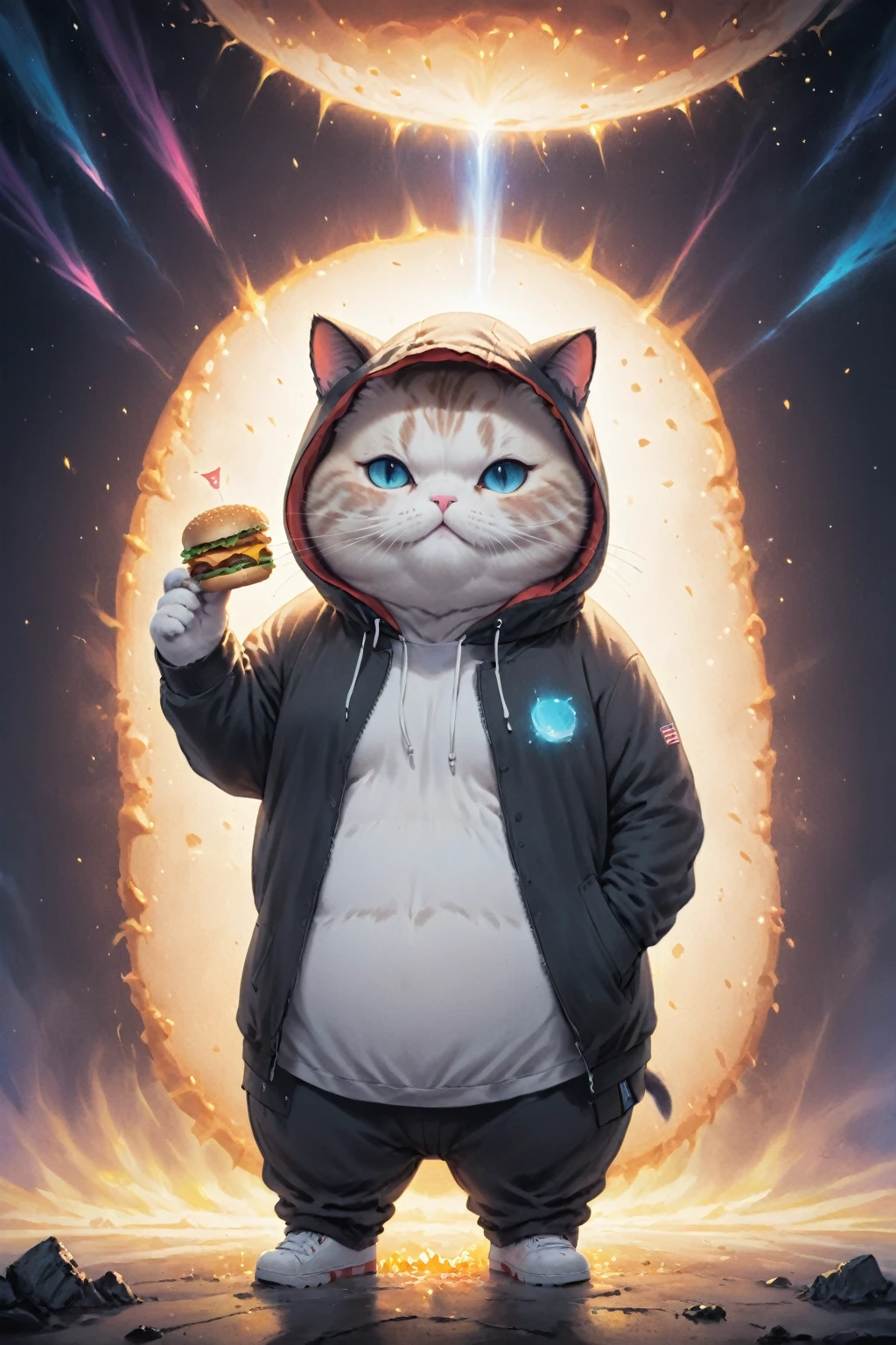 Cosmic Canvas,(dystopian background:1.3), Flawless, Clean, masterpiece, Draw a chubby cat, Wearing a hoodie, Take the burger, Light mist,   