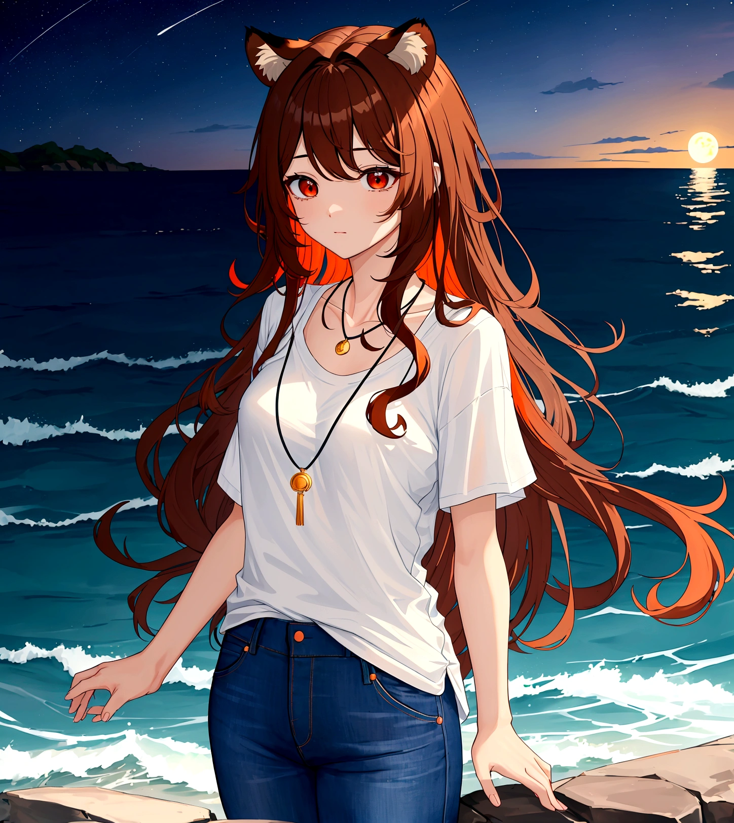 ((최고의 품질)), ((걸작)), (상세한), 여자 1명, Orange brown color hair , black highlights hair , Long and wavy flowing freely hair ,tiger ears on top of the head , red eyes , Calm and gentle eyes , Fair complexion skin ,Simple and clean Casual white T-shirt,Classic fit, slightly worn for a casual look Blue jeans,A simple, elegant necklace with a blue pendant,Dark night by the sea,Starry sky with a visible moon, gentle waves of the ocean,The character is standing by the shore, gazing at the night sky, blending casual attire with the serene and mysterious ambiance of the nighttime sea,