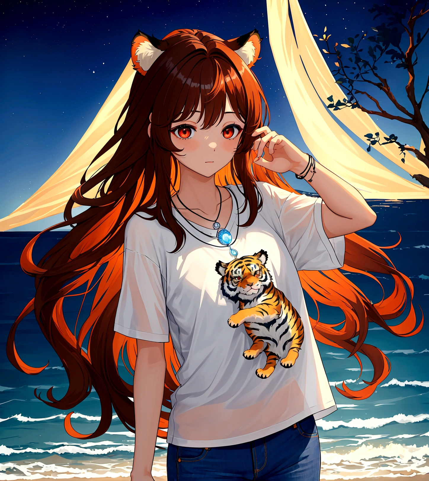((최고의 품질)), ((걸작)), (상세한), 여자 1명, Orange brown color hair , black highlights hair , Long and wavy flowing freely hair ,tiger ears on top of the head , red eyes , Calm and gentle eyes , Fair complexion skin ,Simple and clean Casual white T-shirt,Classic fit, slightly worn for a casual look Blue jeans,A simple, elegant necklace with a blue pendant,Dark night by the sea,Starry sky with a visible moon, gentle waves of the ocean,The character is standing by the shore, gazing at the night sky, blending casual attire with the serene and mysterious ambiance of the nighttime sea,