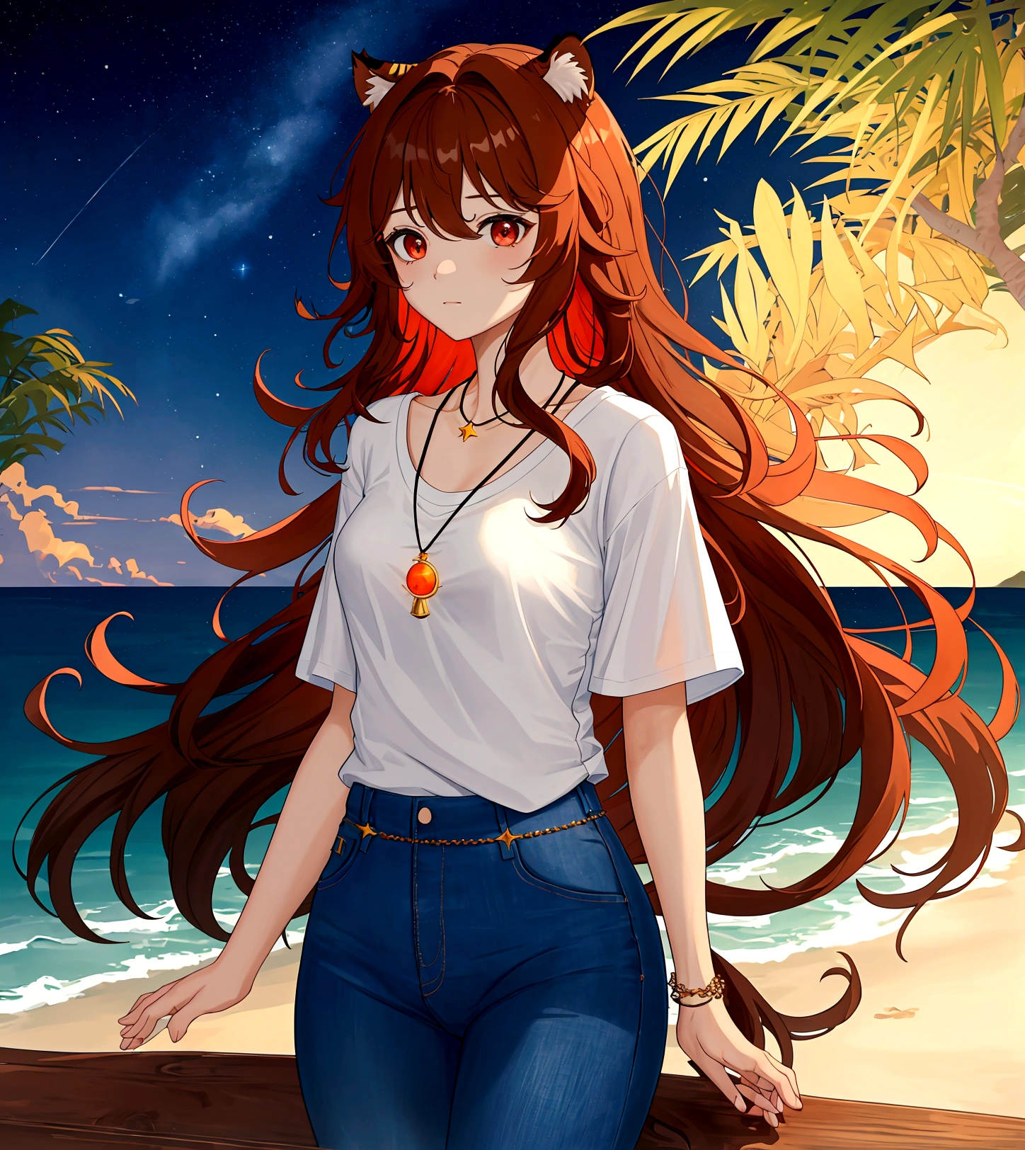 ((최고의 품질)), ((걸작)), (상세한), 여자 1명, Orange brown color hair , black highlights hair , Long and wavy flowing freely hair ,tiger ears on top of the head , red eyes , Calm and gentle eyes , Fair complexion skin ,Simple and clean Casual white T-shirt,Classic fit, slightly worn for a casual look Blue jeans,A simple, elegant necklace with a blue pendant,Dark night by the sea,Starry sky with a visible moon, gentle waves of the ocean,The character is standing by the shore, gazing at the night sky, blending casual attire with the serene and mysterious ambiance of the nighttime sea,