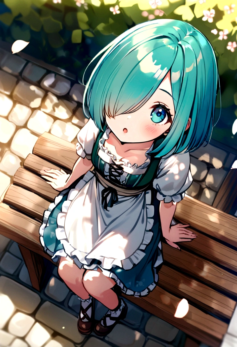 ((solo:1.2)),cute girl sitting on bench in garden,frilled dirndl,from above,looking up,cobblestone pavement,aqua hair,fine bob cut,(hair over one eye),(dappled sunlight:1.2),blurry,(depth of field:1.1),head tilt,:o,(petals),tree,butterfly