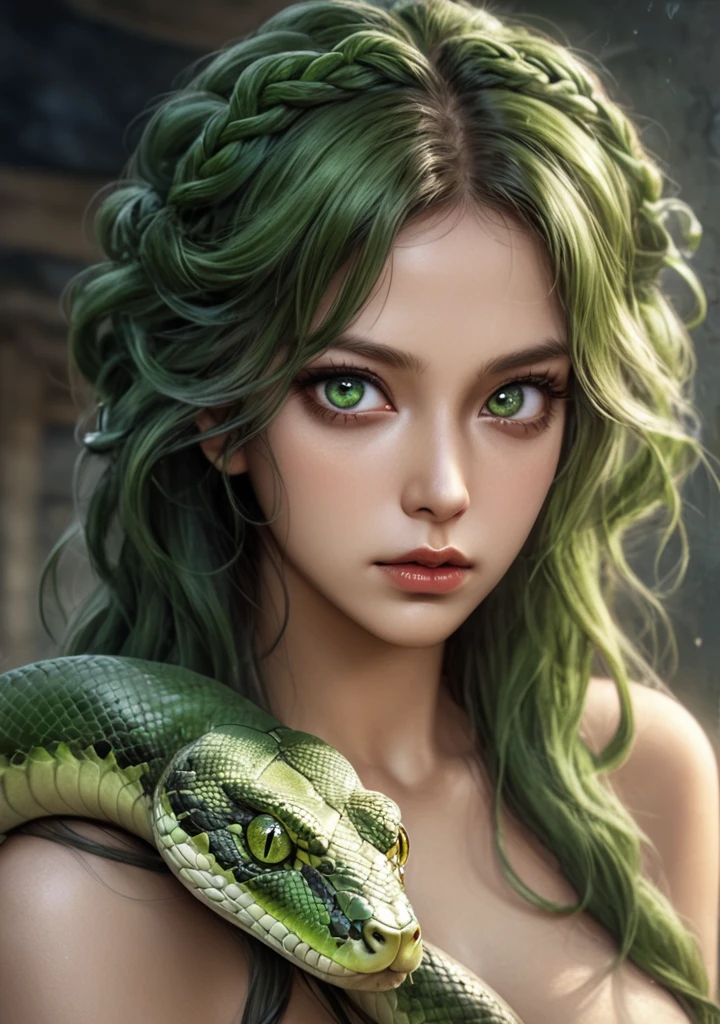 Medusa, Greek mythology, a beautiful and sensual woman, green skin, serpent eyes, with live snakes for hair, skin covered in scales, realism, high definition, hdr, 4k, realism, ultra realistic, body from the waist up