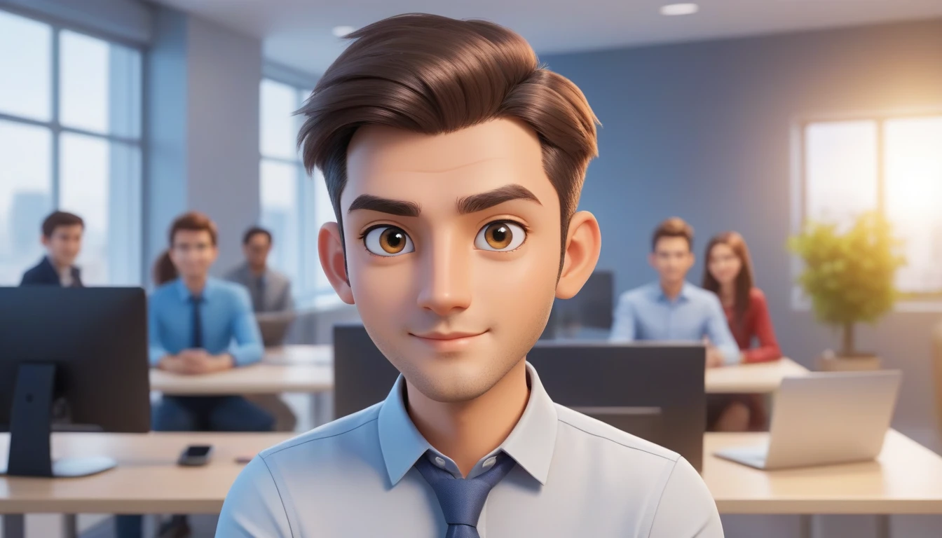 male and professional human animated avatar looking at camera, with pigtail, adult human facial features, boca, This avatar reflects innovation, the success, aspirations associated with startups, expresion facial friendly y carismatica, large eyes, expressive. gold and silver aspects, sitting at a desk with a room background, friendly, looking forward looking at the camera