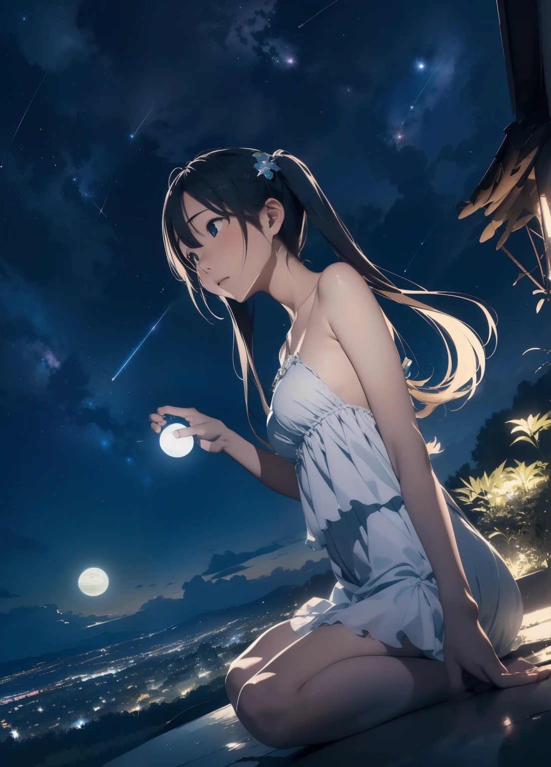 (masterpiece、Highest quality、Highest quality、Official Art、Beautiful and beautiful:1.2)、(One girl:1.3)Hatsune Miku、Twin tails,Beautiful breasts,Starry Sky、milky way、Tanabata、Orihime、Altair、Deneb、altair、Vega、Summer Great Triangle、Looking up at the night sky、grassland、shooting star、Bamboo leaf、Wish on a strip of paper、Night sky full of sky、Front angle