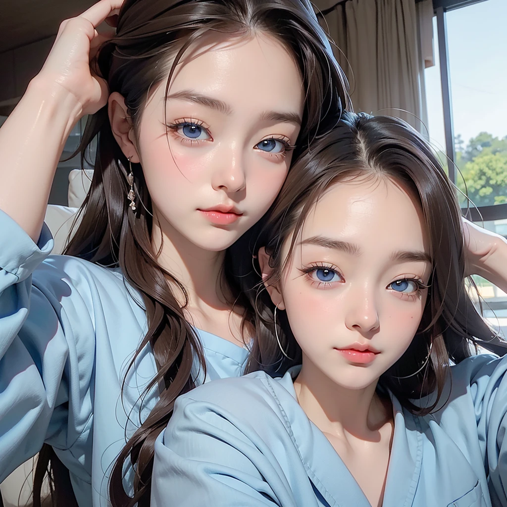 masterpiece, Highest quality, High resolution,Follow the on-screen instructions、Anime Style、Brown Hair、Long Hair、blue eyes、Close your eyes and open your mouth wide、pajamas