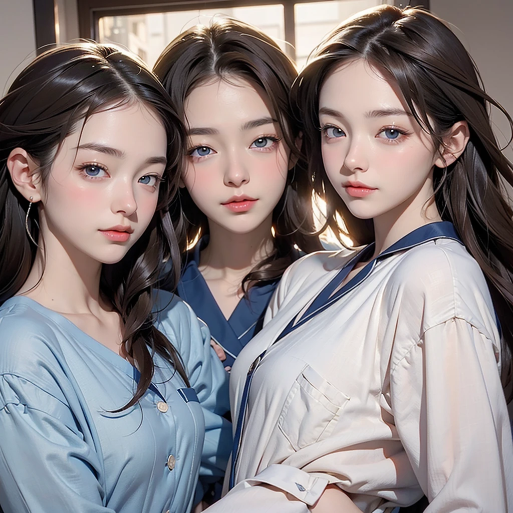 masterpiece, Highest quality, High resolution,Follow the on-screen instructions、Anime Style、Brown Hair、Long Hair、blue eyes、Close your eyes and open your mouth wide、pajamas