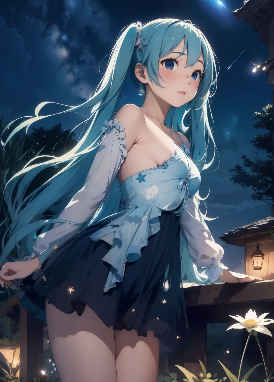 (masterpiece、Highest quality、Highest quality、Official Art、Beautiful and beautiful:1.2)、(One girl:1.3)Hatsune Miku、Twin tails,Beautiful breasts,Starry Sky、milky way、Tanabata、Orihime、Altair、Deneb、altair、Vega、Summer Great Triangle、Looking up at the night sky、grassland、shooting star、Bamboo leaf、Wish on a strip of paper、Night sky full of sky、Front angle