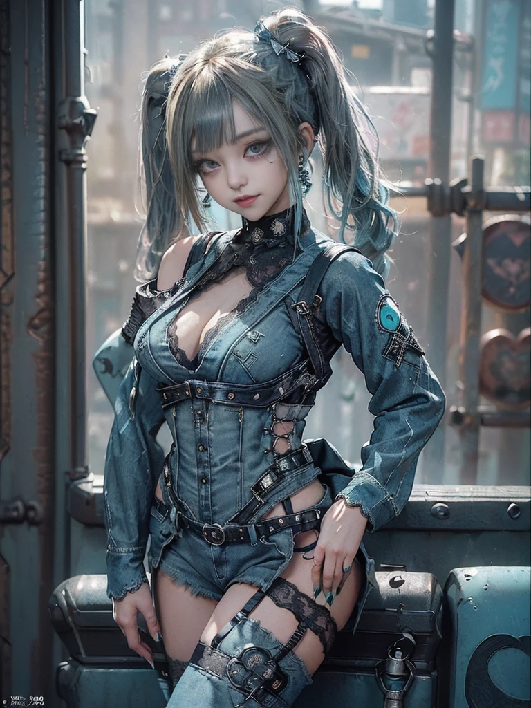 (Full body view:1.2)、(Full Body View:1.2)、(Smiling with teeth showing:1.3),(Shibuya Gal:1.5)、(Beautiful:1.4)、(Neo-Goth Fashion:1.5)、(Punk RockVisual Kei:1.3)、(Futuristic turquoise, denim and navy blue bodysuit:1.5)、(Delicate denim and turquoise cardigan:1.5)、(Gorgeous decorated corset:1.4)、(Navy denim garter belt:1.5)、(Denim, navy and white cargo pants:1.3)、(Heart-shaped silver accessories:1.5)、(Brown Skin Belt:1.4)、(Blue High Heels:1.4)、(Lace underwear:1.4)、20-year-old、Browsing Caution,((Highest quality、In 8K、masterpiece:1.3))、Sharp focus:1.2、(Layered Cut、Huge breasts:1.1),Beautiful woman with perfect figure:1.4、(Doing an aerobics pose:1.3)、Slim Abs:1.2、Butt、Highly detailed face and skin texture、Fine grain、double eyelid,(Twin tails:1.3)、(Brown blonde:1.3)、Obscene、Idol Sculpture、(In the background is a gorgeous medieval metropolis on a sunny day:1.3)、(Slimming your legs:1.4)、(The body is slim:1.3)、(clavicle:1.1)