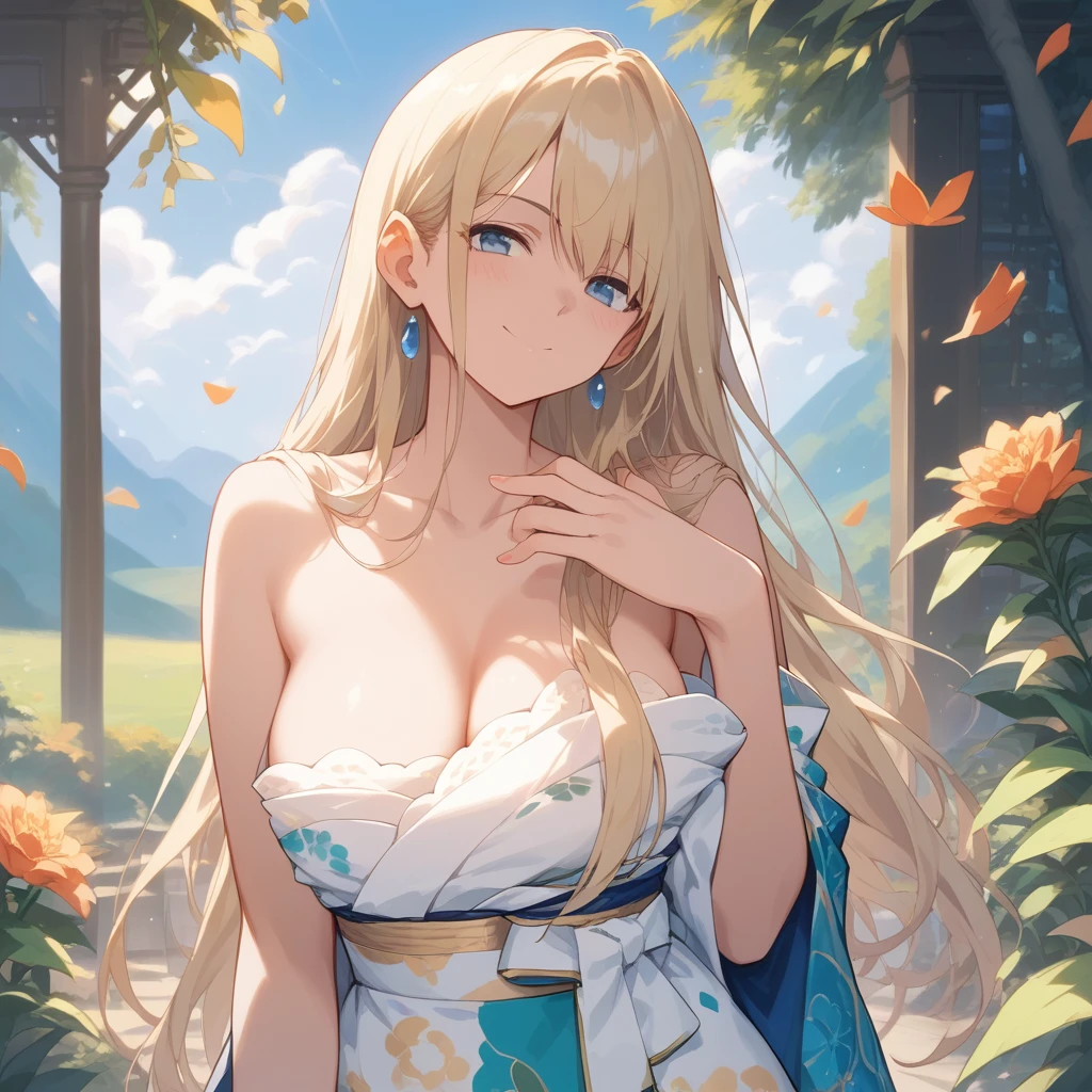 (score_9,score_8_up,score_7_up,score_6_up),masterpiece,best quality, source anime, rating_explicit, (((masterpiece))), (((best quality))), ((ultra-detailed)), ((illustration)), (1girl), (beautiful Japanese woman), (long black hair), (blue eyes), (simple background), (wearing traditional kimono), (detailed face), (perfect anatomy), (detailed light and shadow), (serene expression), (minimalist style),(cleavage:1.1),((shy smile)), (eyeshadow:0.8), digital collaring, (Sun glare;1.2), Bokeh, Depth of written boundary, Blurred Background, Particles of light, Strong winds, glossy skin, spotlight