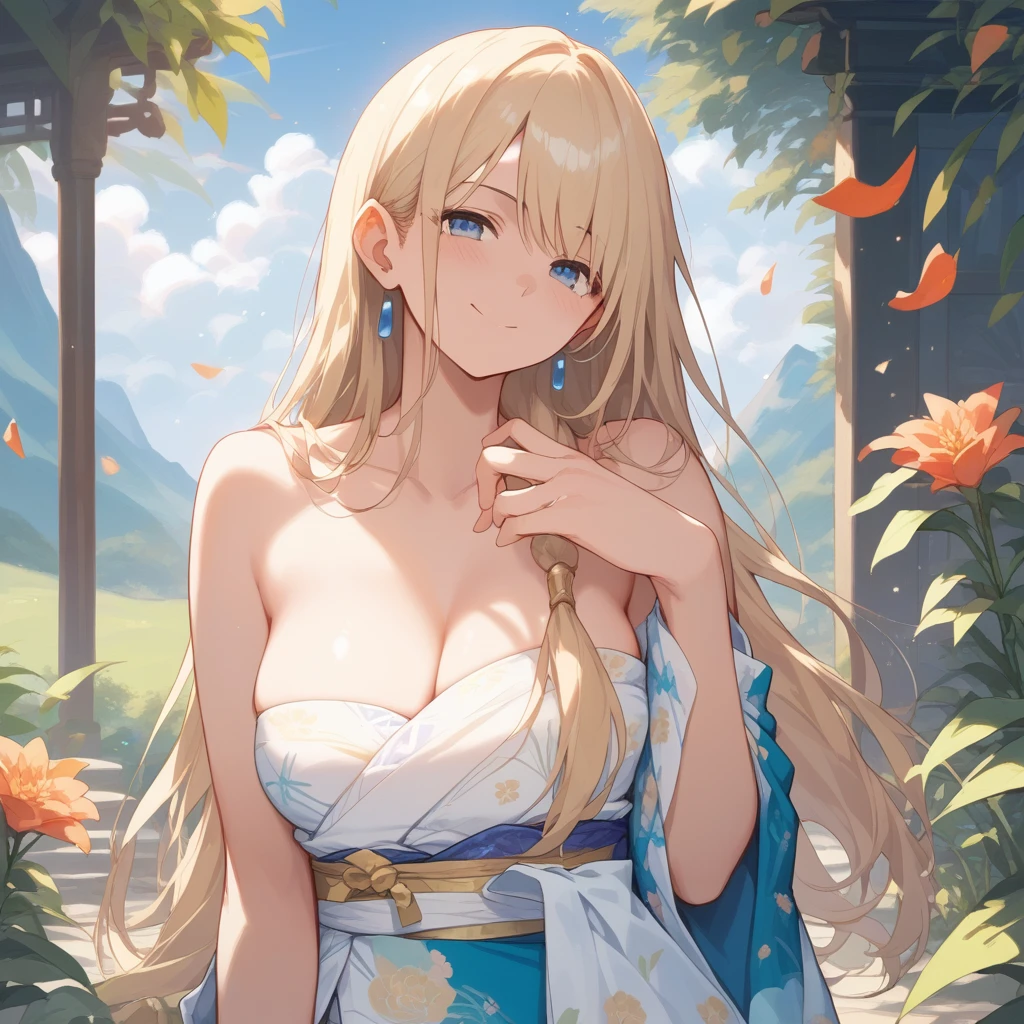 (score_9,score_8_up,score_7_up,score_6_up),masterpiece,best quality, source anime, rating_explicit, (((masterpiece))), (((best quality))), ((ultra-detailed)), ((illustration)), (1girl), (beautiful Japanese woman), (long black hair), (blue eyes), (simple background), (wearing traditional kimono), (detailed face), (perfect anatomy), (detailed light and shadow), (serene expression), (minimalist style),(cleavage:1.1),((shy smile)), (eyeshadow:0.8), digital collaring, (Sun glare;1.2), Bokeh, Depth of written boundary, Blurred Background, Particles of light, Strong winds, glossy skin, spotlight