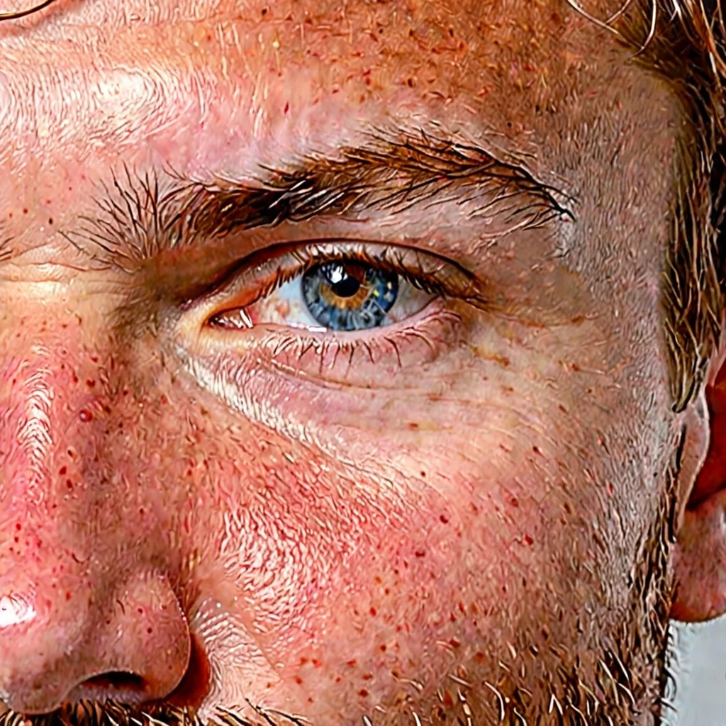 The man has an angular face with a strong, well-defined jawline. His skin is fair, with freckles scattered across his nose and cheeks, typical of someone with red hair. His hair is a vibrant red, slightly wavy and thick, cut short on the sides and a bit longer on top, where he usually styles it back or to the side. His eyebrows are thick and a darker shade of red, well-aligned and arched. His eyes are blue, with a deep and captivating hue, almond-shaped, surrounded by short, light-colored eyelashes. His gaze is penetrating and confident. His nose is straight and proportionate to his face, with a slightly elevated bridge. His lips are medium-sized, with a defined contour and a natural rosy color. When he smiles, he reveals white, well-aligned teeth, and a smile that conveys warmth and friendliness. His ears are medium-sized, slightly set away from his head, with small, discreet lobes. His skin has a smooth texture but is sensitive, prone to redness and sunburn. He usually maintains a short, well-groomed beard, the same red color as his hair, which further highlights the freckles on his face. In terms of clothing, he prefers a casual style, often wearing flannel shirts, jeans, and boots, which match his rugged and practical appearance. A thin, discreet scar crosses his left cheek, adding a touch of history and mystery to his appearance. He generally uses little or no makeup but takes good care of his skin with moisturizing products to prevent dryness.