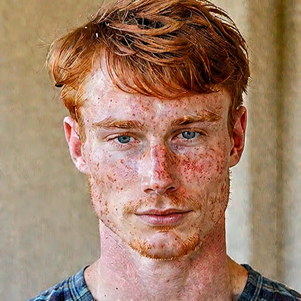 The man has an angular face with a strong, well-defined jawline. His skin is fair, with freckles scattered across his nose and cheeks, typical of someone with red hair. His hair is a vibrant red, slightly wavy and thick, cut short on the sides and a bit longer on top, where he usually styles it back or to the side. His eyebrows are thick and a darker shade of red, well-aligned and arched. His eyes are blue, with a deep and captivating hue, almond-shaped, surrounded by short, light-colored eyelashes. His gaze is penetrating and confident. His nose is straight and proportionate to his face, with a slightly elevated bridge. His lips are medium-sized, with a defined contour and a natural rosy color. When he smiles, he reveals white, well-aligned teeth, and a smile that conveys warmth and friendliness. His ears are medium-sized, slightly set away from his head, with small, discreet lobes. His skin has a smooth texture but is sensitive, prone to redness and sunburn. He usually maintains a short, well-groomed beard, the same red color as his hair, which further highlights the freckles on his face. In terms of clothing, he prefers a casual style, often wearing flannel shirts, jeans, and boots, which match his rugged and practical appearance. A thin, discreet scar crosses his left cheek, adding a touch of history and mystery to his appearance. He generally uses little or no makeup but takes good care of his skin with moisturizing products to prevent dryness.