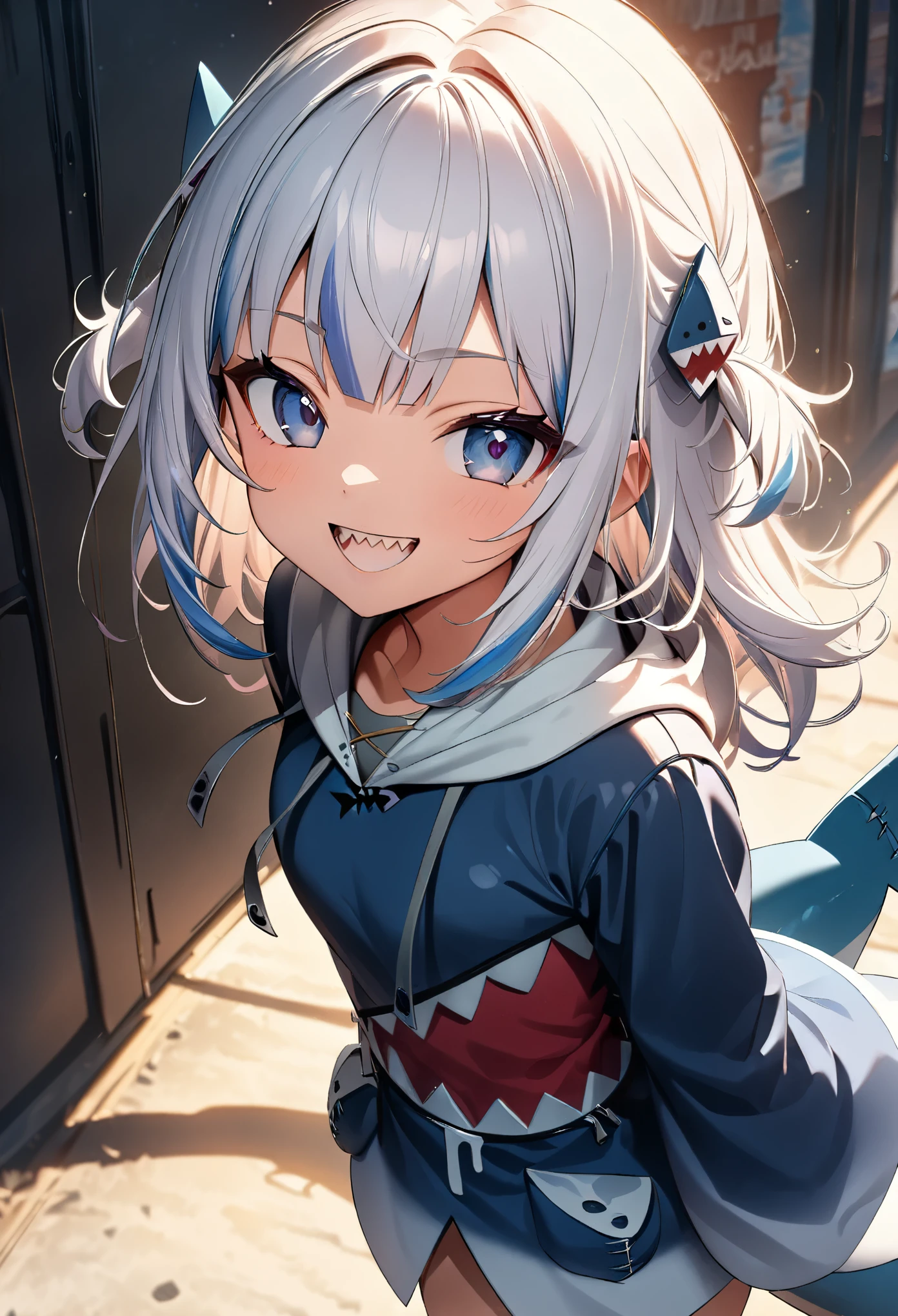 (Highest quality:1.24, Very detailed, Delicate and beautiful CG art, Detailed illustrations, High detail, masterpiece:1.2, Highest quality, Best aesthetics), (Anime Style:1.4), ((One girl, gawrgura)), Virtual YouTuber, HololiveEN, ((Shark headgear, Shark costume:1.4)), Shark Girl, Friendly atmosphere, Shiny Hair, Beautiful Skin, Detailed face and eyes, Glossy Lips, ((Mischievous Smile, Jagged teeth, Open your mouth)), Exquisitely crafted, 8K, Very detailedな, Perfect lighting, Spectacular Background