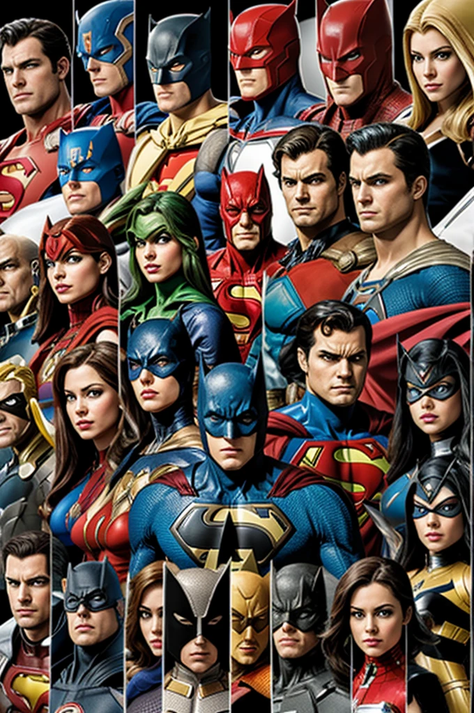 A collage with DC comics of all the characters with neutral colors 