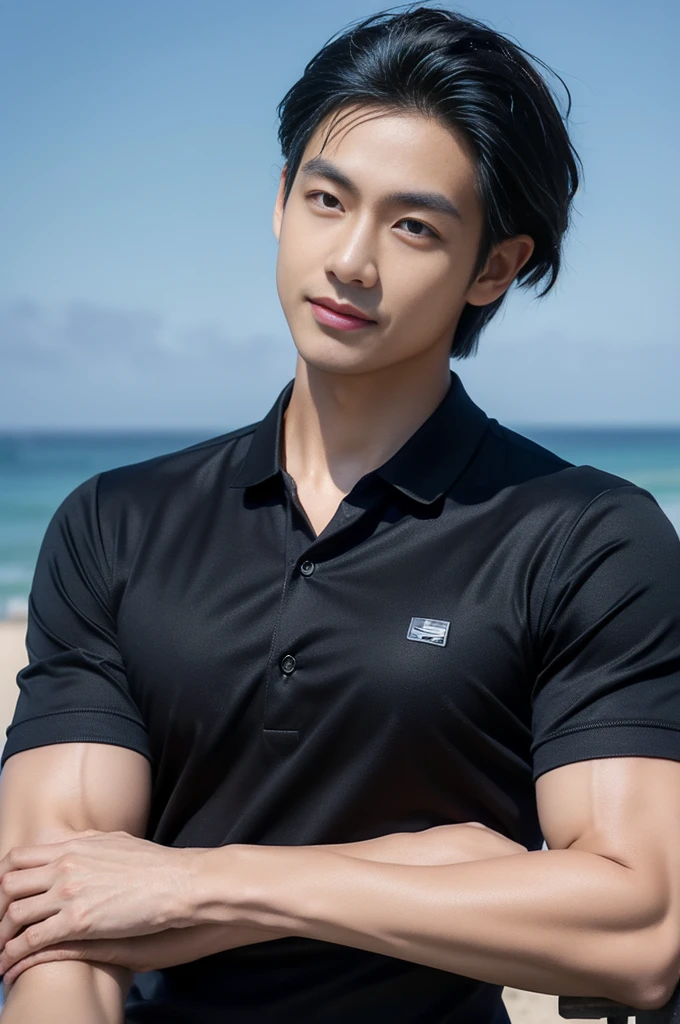 young asian man in a black polo shirt sitting on the grass with a serious expression, looking into the distance Turn your head slightly.,daytime (Create a masterpiece: 1.2),(CGI art:1.3),(realistic:1.5),(After processing:1.3), (Sharp focus:1.3), 1 man, open mouth, smile, (shirt:1.5), Navy cargo pants, Korean guy , korean men, (High gloss details), chest muscles, large arm muscles, blood vessel, Big muscles, Broad shoulders, looking at the audience, Balancing the eyes, seaside beach sunshine looking at the sea