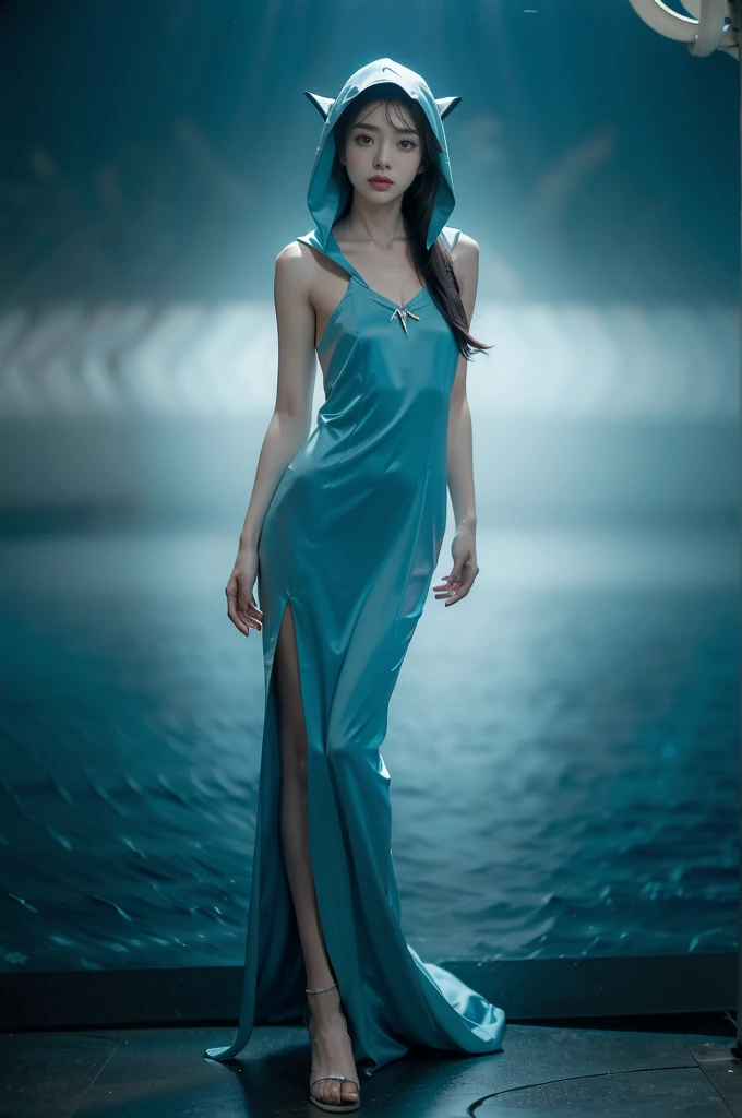 (((best quality))),(((ultra detailed))),(((masterpiece))),illustration,(1 beautiful girl,shark girl,solo),((slim,thin,small breasts,flat chest)),aquarium,summer night,(sleek sharkhead-hooded shirt-dress:1.3),shimmering hues,enchanting aura,(shoulder length straight bob hair:1.2),ocean-blue locks,shiny seaweed,porcelain skin,neon lights,emerald eyes,sharp gaze,delicate shark fin,translucent membrane,dancing fish,vibrant colors,undulating water,salty scent,distant waves,coral reef,gentle shadows,serene ambiance,electric atmosphere,Alezandra,oceanic magic,allure,enchantment,vision,extraordinary presence,((from front,full body,arms behind back))