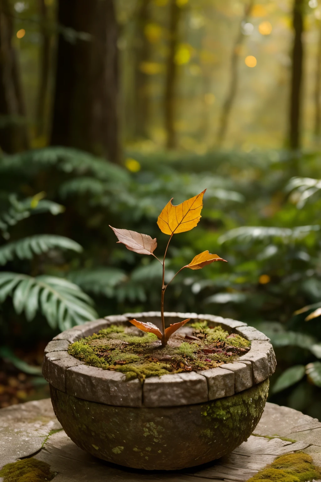 A whimsical miniature figure composed of delicately arranged autumn leaves, poised in a carefree dance on the rim of a weathered, moss-covered terracotta pot, set against a lush, vibrant forest backdrop, where dappled sunlight filters through the canopy above, casting intricate shadows. The overall aesthetic is ethereal, with warm, earthy tones of sienna, umber, and olive green, infused with hints of emerald and golden light, evoking a sense of wonder and enchantment, as if plucked from a fantastical realm.