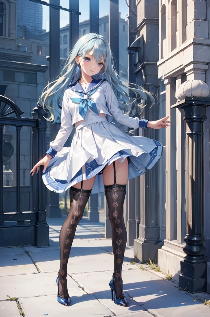 ((Biologically correct limb count)),(( From head to toe,Full-body photo including face)),4K,((Standing position)),masterpiece,((Focus on the face)),((Symmetrical facial features)),Eyes with detailed description,Beautiful woman,Great style,Beautiful arms,Beautiful legs,Beautiful Hands,(Small Ass,Thin thighs),Facial detailing,Small earrings,necklace,(Sailor suit,mini skirt((High heels,Patterned stockings))),((Meeting at the school gate)),Silk gloves,(((blue blonde))),Realistic photo