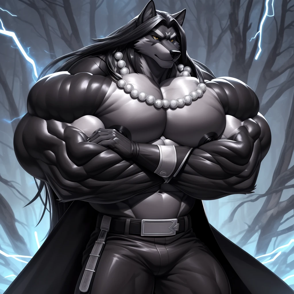 (upload on e621) (Masterpiece) (by Drks) (best quality) (ultra high res) 4K (8k HD) 2D (perfect anatomy) (digital art) (official art) (extreme detailed) (ultra detailed) (strapsanime) color (soft shading) (sharp focus) (forest woods background) 1man black body fur silver belly detailed fluffy fur (ultra detailed face) detailed eyes detailed iris eyes detailed golden yellow eyes (white sclera) black pupils big navel abs bare pectoral (((huge black shiny nipples))) black claw nails furry wolf male mature male dark black giant bulky muscular body fur giant size canid (((huge muscles))) (((hyper muscles:1.3))) huge pecs (((oversize pecs:1.3))) huge biceps (((giant biceps:1.3))) (((fullbody))) canine canis mammal powerful wolf god wolf male fierce face badass wolf anthro solo standing (((wearing black full complete sleeveless long trench coat:1.4))) (((dark black longest flowing length hair:1.3))) (((dark black longest flowing length back fur hair:1.3))) (((dark black longest length hair fur front lay on pecs:1.3))) (((best longest dark black flowing hair:1.3))) (((perfect fingers))) (((five fingers))) dark black hands and fingers (((wearing black and silver fingerless gloves))) (((black arm bands on his biceps))), (((three black arm bands on his forearms))) (((black huge bead necklaces:1.3))) (((black huge longer bead necklaces around neck to pecs:1.3))) (((dark black and silver underside long wolf tail))) (((black long pants with silver lines with belt straps on both legs))) (((silver electricity and wind aura flow entire body))) (((crossed arm pose)))