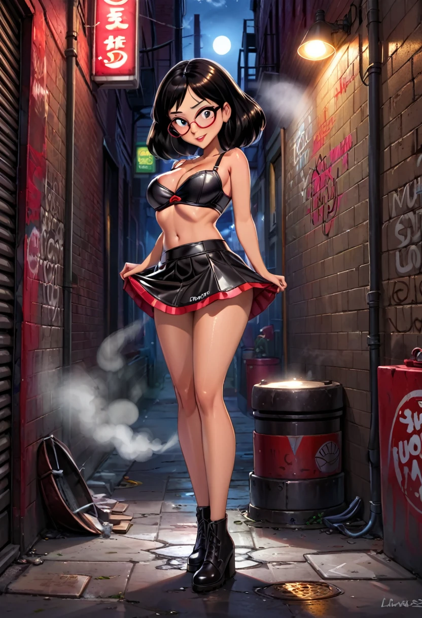 Masterpiece, best quality, ultra detailed:2, Linda Belcher from Bob's Burgers, red and black accent brassiere, lifted leather micro skirt, urban alley, steam coming from manhole covers, graffiti covered walls, absurd detail:2, moonlit lighting, , nsfw