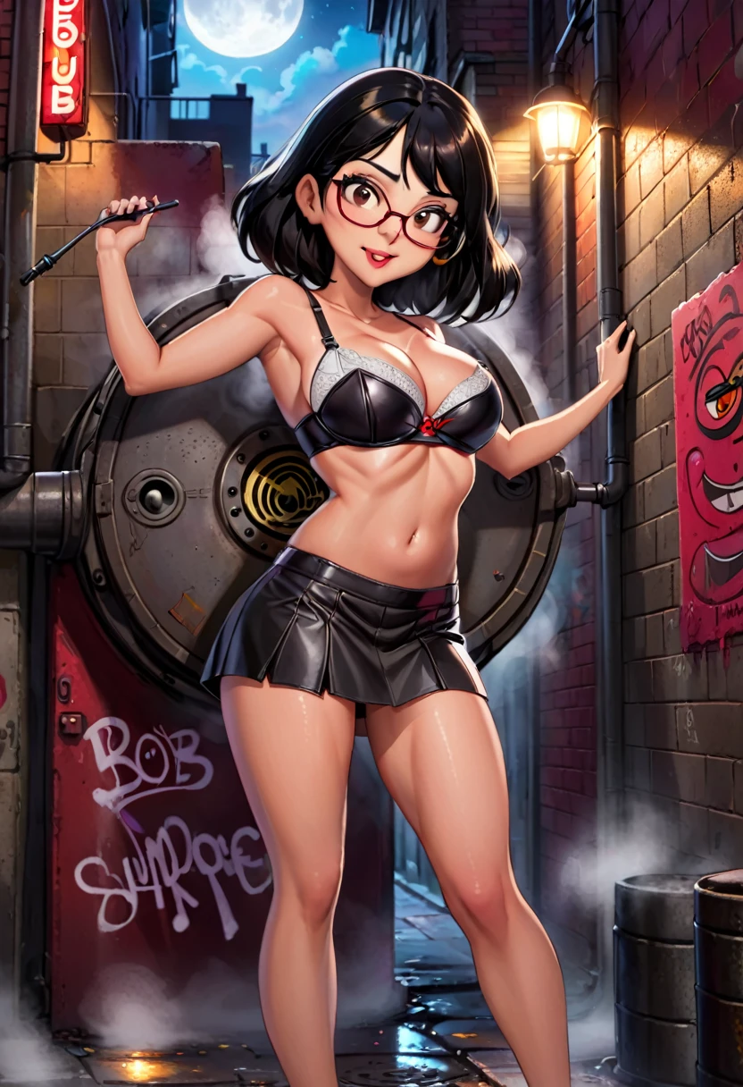Masterpiece, best quality, ultra detailed:2, Linda Belcher from Bob's Burgers, red and black accent brassiere, lifted leather micro skirt, urban alley, steam coming from manhole covers, graffiti covered walls, absurd detail:2, moonlit lighting, , nsfw