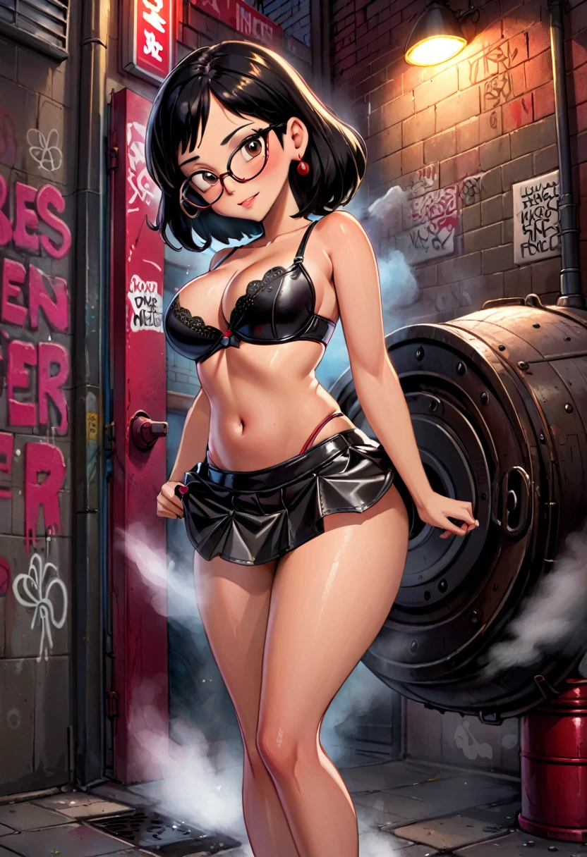 Masterpiece, best quality, ultra detailed:2, Linda Belcher from Bob's Burgers, red and black accent brassiere, lifted leather micro skirt, urban alley, steam coming from manhole covers, graffiti covered walls, absurd detail:2, moonlit lighting, , nsfw