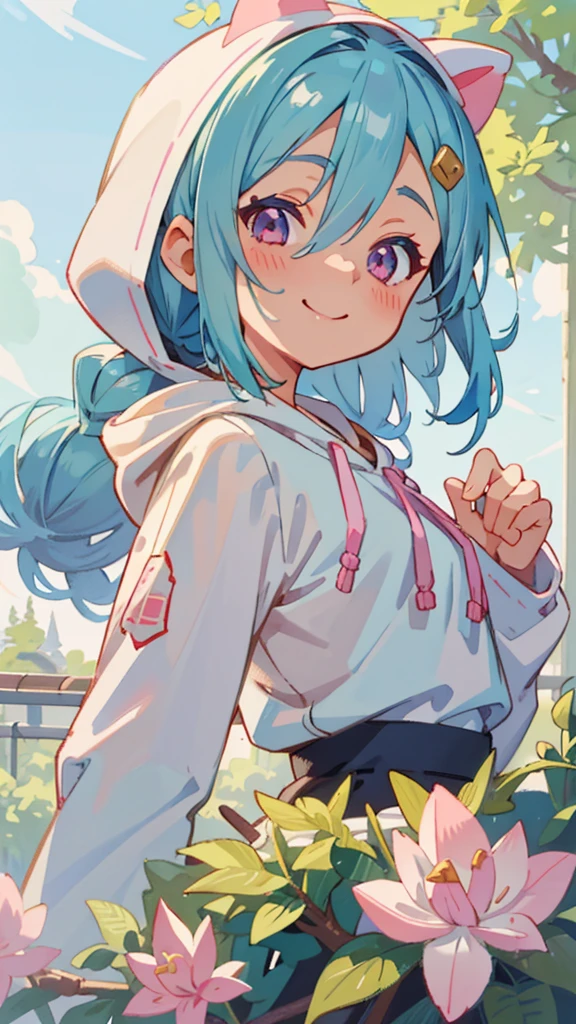 1 Girl、Anime style painting、Light blue hair、Pink Eyes、smile、blush、Small breasts、From the side、A lot of acorns、smile、Upper body close-up、From the side、Wearing a white hoodie、Railway station background