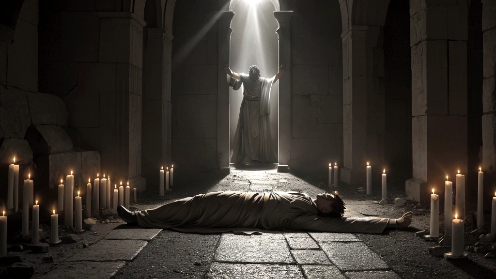"Description: Illustrate the dramatic moment of Paul's conversion on the road to Damascus. Show a powerful scene with Paul falling to the ground, surrounded by intense light, symbolizing his encounter with the risen Christ.
Details: Use stark contrasts between light and darkness to emphasize the divine intervention and transformation. Include elements like a desolate road, a celestial light source, and Paul's expression of awe and revelation. This visual should capture the pivotal moment when Paul's life and faith were forever changed."