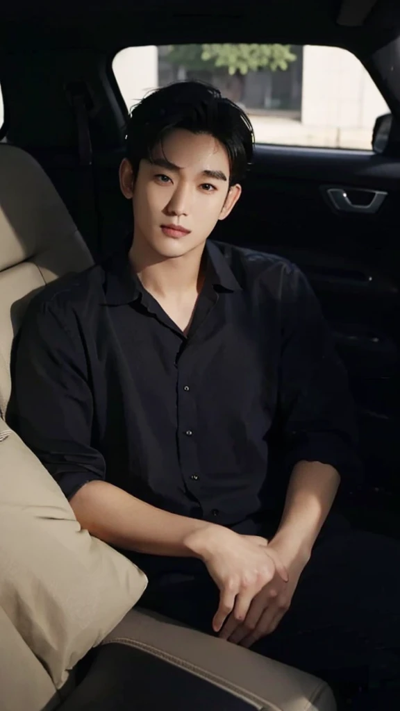 Asian guy, 25 years old, short black hair, sitting in a car, looking at the camera.