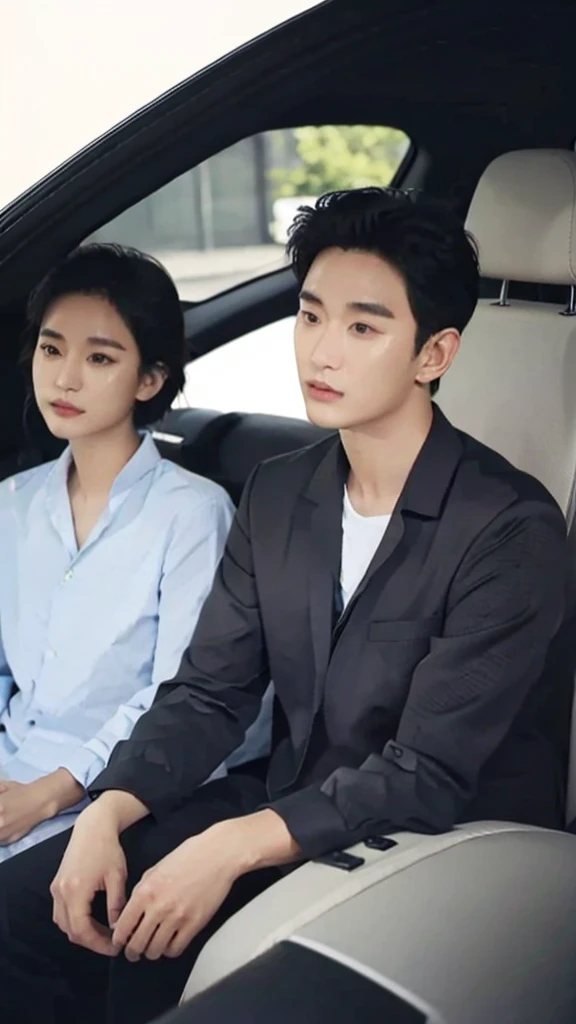 Asian guy, 25 years old, short black hair, sitting in a car, looking at the camera.