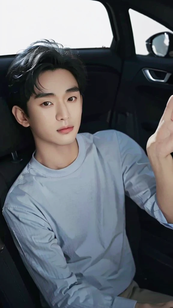 Asian guy, 25 years old, short black hair, sitting in a car, looking at the camera.