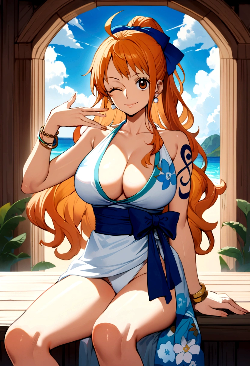 2d, masterpiece, best quality, anime, highly detailed face, highly detailed background, perfect lighting, beach, nami, one piece , 1girl, solo, one eye closed, long hair, smile, jewelry, sash, white bikini, orange hair, bow, flower, flower print, earrings, looking at viewer, ahoge, ribbon, hair bow, sky, day, bracelet, sleeveless, ;\), blue bow, outdoors, big breasts, cloud, closed mouth, ponytail, blue sky, brown eyes, orange eyes, left shoulder tattoo, bare shoulders, very long hair, sidelocks, bangs, collarbone, upper body, left arm tattoo, bare arms, blurry, hand gesture, blurry background, large breasts, eyelashes, mountain, parody, cloudy sky, sitting, shiny hair, bangle, wavy hair, open legs , thong, full body