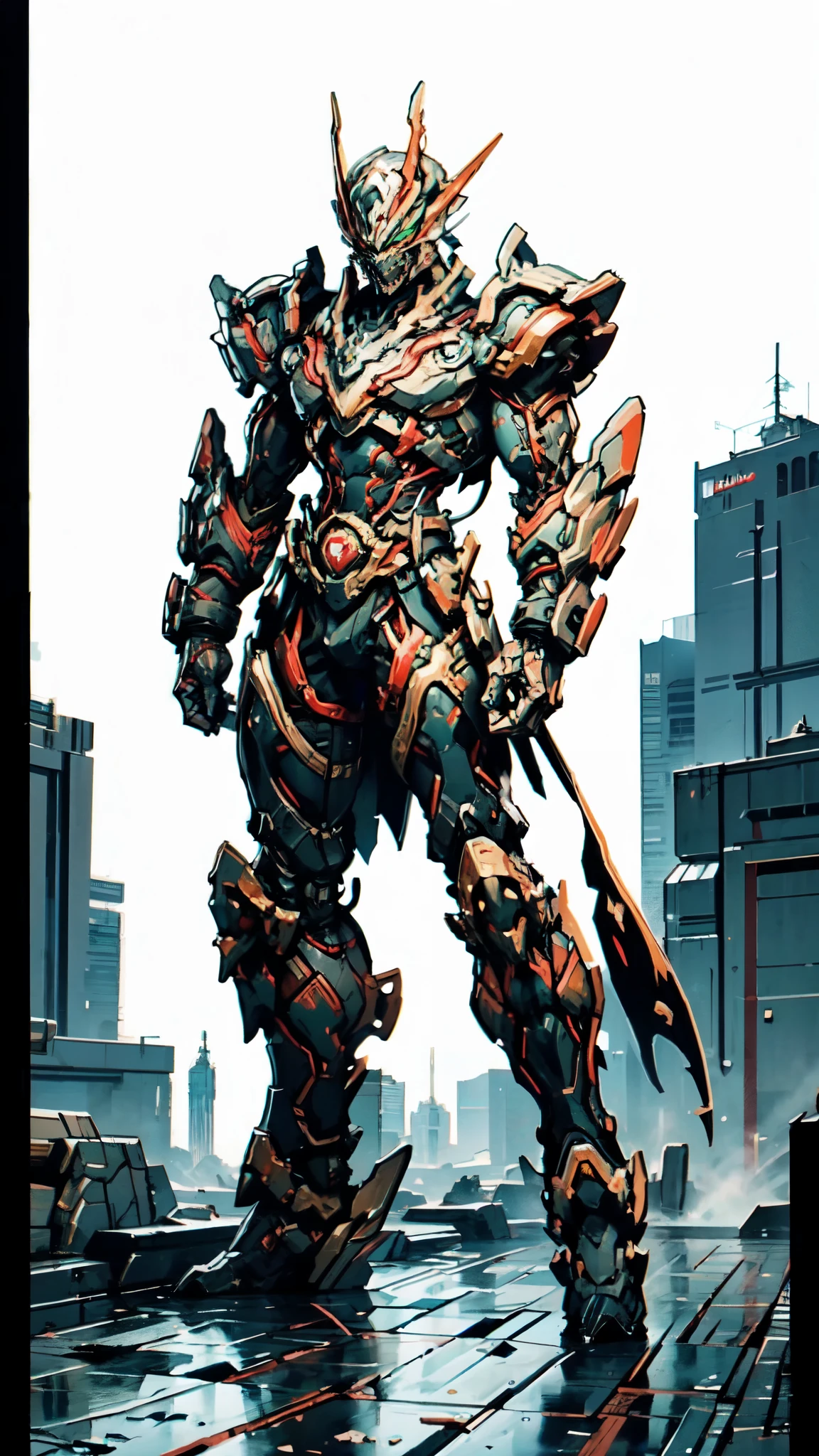 (masterpiece:1.5, best quality:1.5, extremely delicate:1.5, perspective:1.5, foreshortening:1.5, dynamic angle:1.5), a man wearing a full-face helmet, a fantasy-style biotech armored combat suit, green eyes, (a composite layered chest armor), fully enclosed shoulder guards, matching arm and leg guards, the belt is adorned with fangs biting into orbs, (the color scheme is primarily black with red accents), the design balances heavy with agility, a high-tech bio-mecha armor, (Armor Concept Inspired by Bat, stand on the top of a skyscraper in a futuristic sci-fi city), this character embodies a finely crafted fantasy-surreal style armored hero in anime style, exquisite and mature manga art style, (element, plasma, energy, the armor glows), ((male:1.5)), metallic, high definition, highres, ultra-detailed, ultra-fine painting, professional, perfect body proportions, golden ratio, anatomically correct, symmetrical face, extremely detailed eyes and face, high quality eyes, creativity, RAW photo, UHD, 32k, Natural light, cinematic lighting, masterpiece-anatomy-perfect