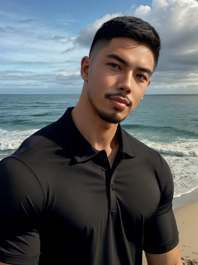 Tony Labrusca, Young man in a black polo shirt Standing by the sea with an expression, looking into the distance Turn your head slightly.，Cloudy day, 