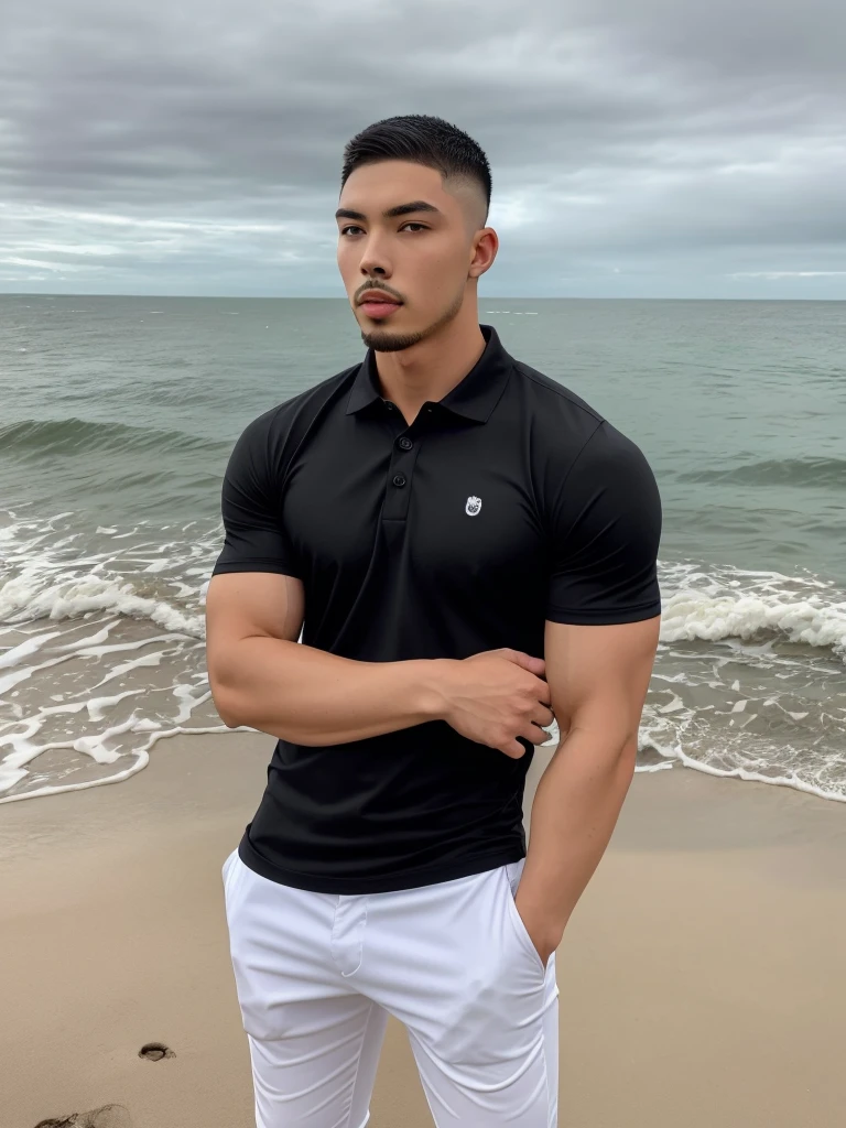 Tony Labrusca, Young man in a black polo shirt Standing by the sea with an expression, looking into the distance Turn your head slightly.，Cloudy day, 