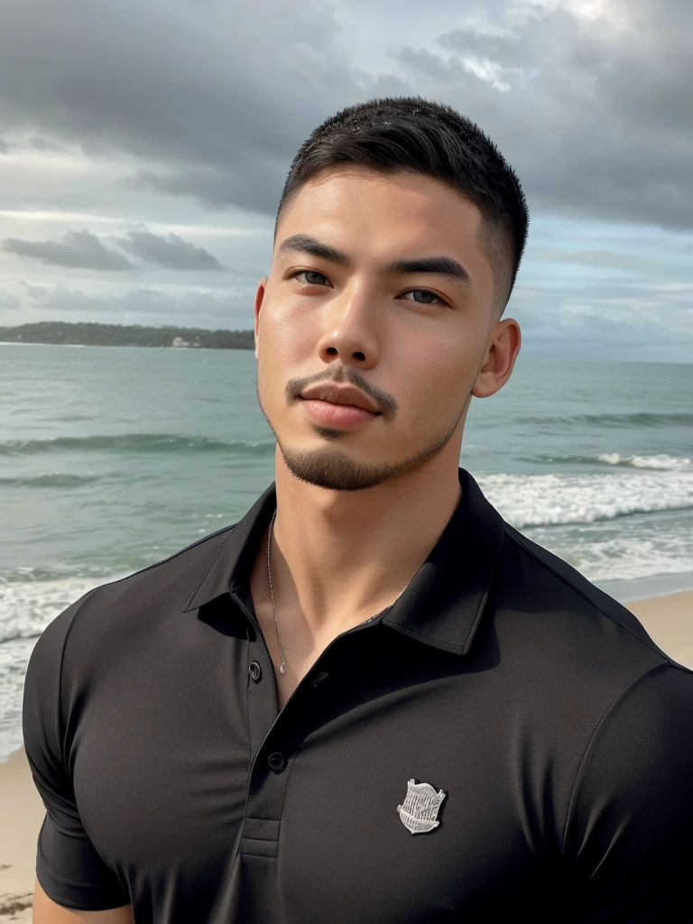 Tony Labrusca, Young man in a black polo shirt Standing by the sea with an expression, looking into the distance Turn your head slightly.,Cloudy day,