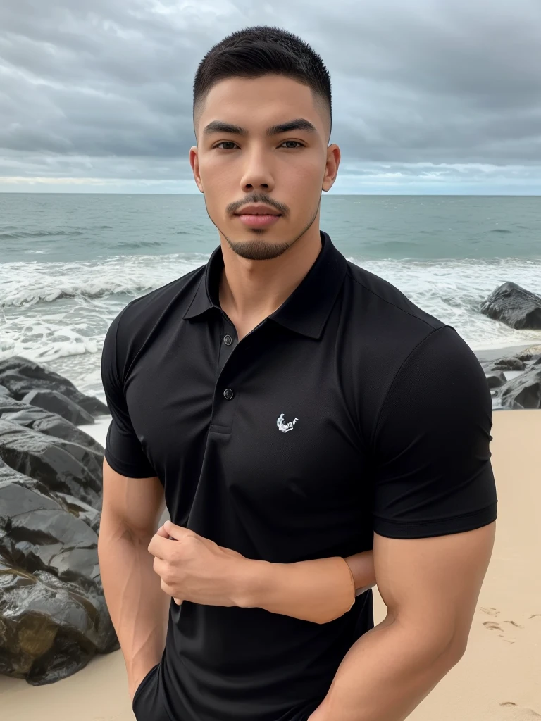 Tony Labrusca, Young man in a black polo shirt Standing by the sea with an expression, looking into the distance Turn your head slightly.，Cloudy day, 