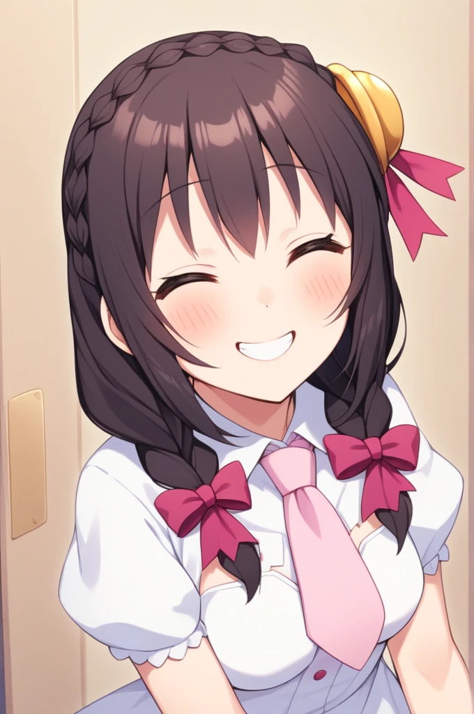 alone, One girl、Crown braids in the same color as your hair, hair ornaments, Hair Ribbon, Pink tie, (White dress), Date♥、Black Hair、(Happy Face:1.5)、(blush:1.2)、