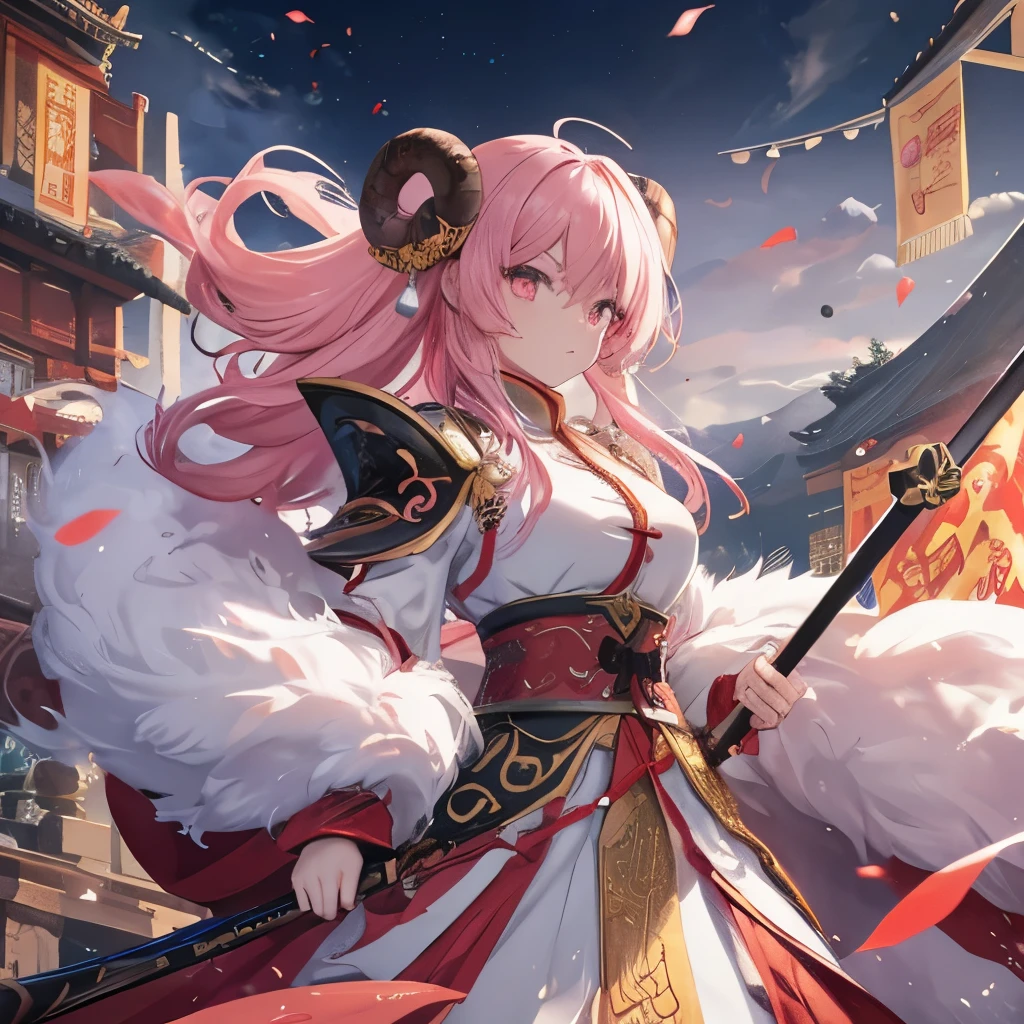 An anime-style illustration of ‘Fua-chan’ cosplaying as a character from the anime ‘Kingdom.’ Fua-chan has distinctive features: long pink hair styled in soft curls resembling sheep’s horns, and pink eyes. She is depicted wearing traditional warrior armor inspired by the ‘Kingdom’ series, complete with intricate details and historical elements. She holds a weapon, such as a sword or spear, and has a determined and fierce expression. The background features a battle-ready setting with ancient Chinese architecture, banners, and a sense of epic adventure, emphasizing the historical and martial atmosphere of the cosplay.