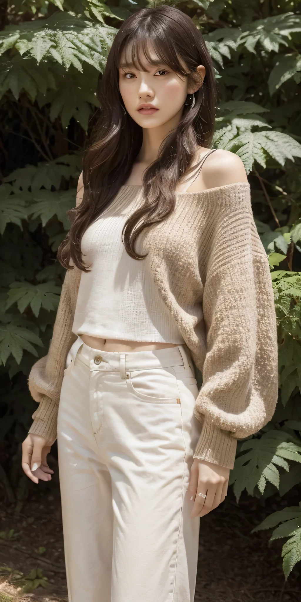 8k, best quality, masterpiece, highly detailed, semi realistic, a girl, a girl, 20 years old, looking at hands, long dark brown hair with bangs, curly hair, green eyes, black Japanese style cut clothes, white pants, bare shoulders, golden details, thin figure, cold expression, battle scenes, outdoors, forest background, with many trees and dark sky