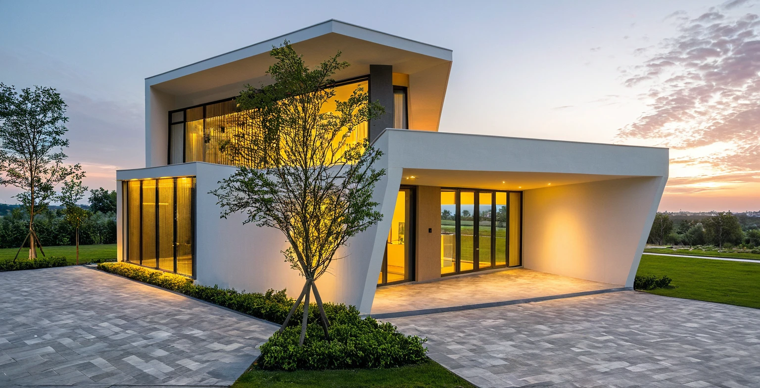 Masterpiece, high quality, best quality, authentic, super detail, outdoors, onestoreyvillaXL, aiaigroup, house style modern, white wall ,pavement, grass, trees, dusk sky, cloud, (daylight:1.1)