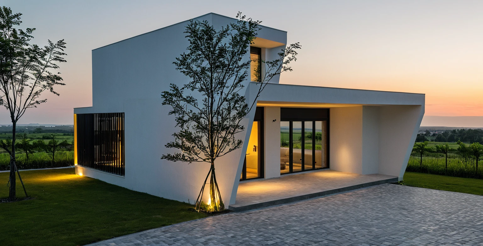 Masterpiece, high quality, best quality, authentic, super detail, outdoors, onestoreyvillaXL, aiaigroup, house style modern, white wall ,pavement, grass, trees, dusk sky, cloud, (daylight:1.1)