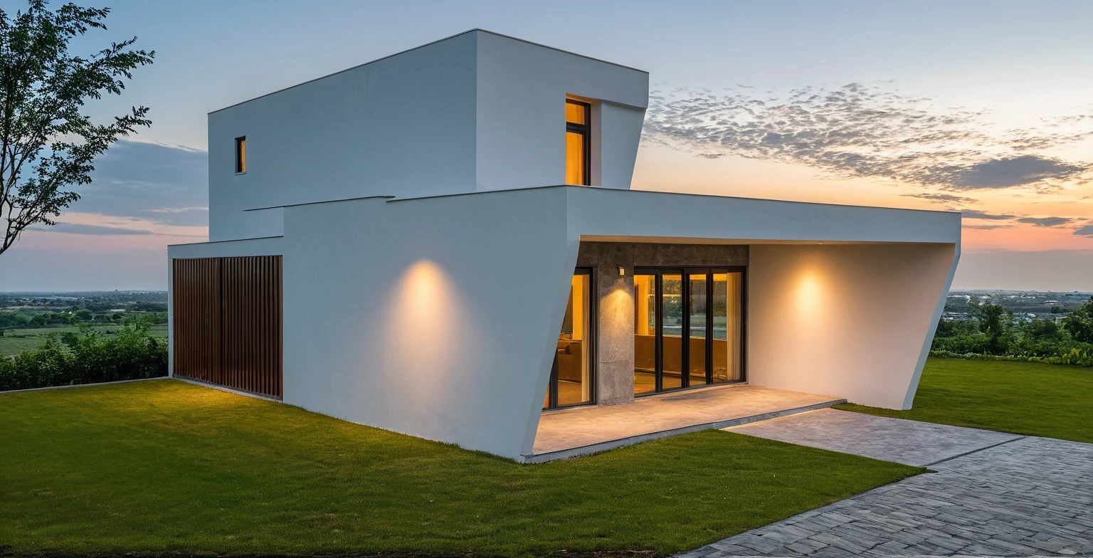 Masterpiece, high quality, best quality, authentic, super detail, outdoors, onestoreyvillaXL, aiaigroup, house style modern, white wall ,pavement, grass, trees, dusk sky, cloud, (daylight:1.1)
