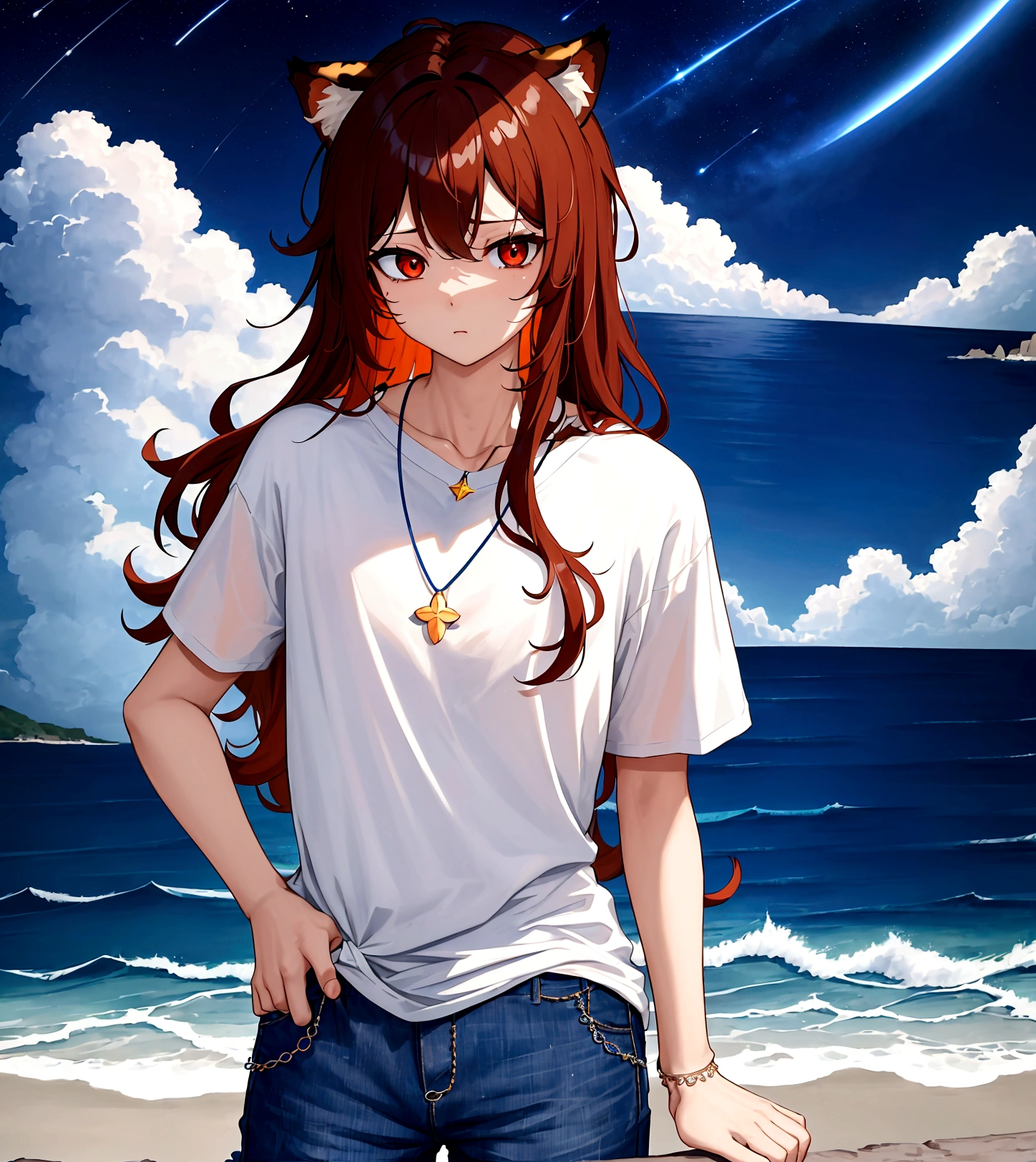 ((최고의 품질)), ((걸작)), (상세한), 여자 1명, Orange brown color hair , black highlights hair , Long and wavy flowing freely hair ,tiger ears on top of the head , red eyes , Calm and gentle eyes , Fair complexion skin ,Simple and clean Casual white T-shirt,Classic fit, slightly worn for a casual look Blue jeans,A simple, elegant necklace with a blue pendant,Dark night by the sea,Starry sky with a visible moon, gentle waves of the ocean,The character is standing by the shore, gazing at the night sky, blending casual attire with the serene and mysterious ambiance of the nighttime sea,