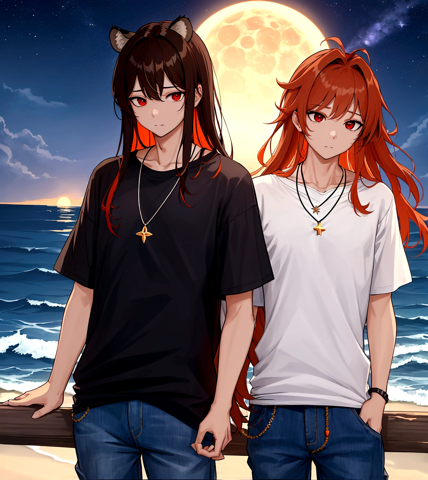 ((최고의 품질)), ((걸작)), (상세한), 여자 1명, Orange brown color hair , black highlights hair , Long and wavy flowing freely hair ,tiger ears on top of the head , red eyes , Calm and gentle eyes , Fair complexion skin ,Simple and clean Casual white T-shirt,Classic fit, slightly worn for a casual look Blue jeans,A simple, elegant necklace with a blue pendant,Dark night by the sea,Starry sky with a visible moon, gentle waves of the ocean,The character is standing by the shore, gazing at the night sky, blending casual attire with the serene and mysterious ambiance of the nighttime sea,