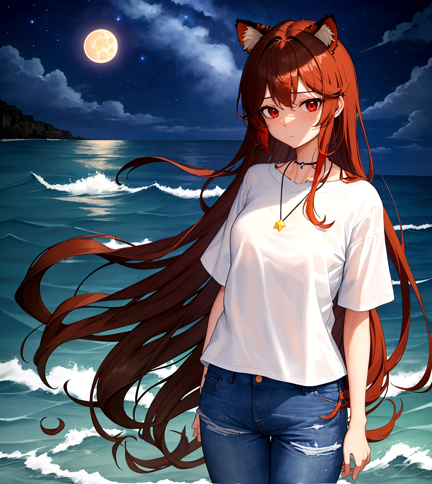 ((최고의 품질)), ((걸작)), (상세한), 여자 1명, Orange brown color hair , black highlights hair , Long and wavy flowing freely hair ,tiger ears on top of the head , red eyes , Calm and gentle eyes , Fair complexion skin ,Simple and clean Casual white T-shirt,Classic fit, slightly worn for a casual look Blue jeans,A simple, elegant necklace with a blue pendant,Dark night by the sea,Starry sky with a visible moon, gentle waves of the ocean,The character is standing by the shore, gazing at the night sky, blending casual attire with the serene and mysterious ambiance of the nighttime sea,