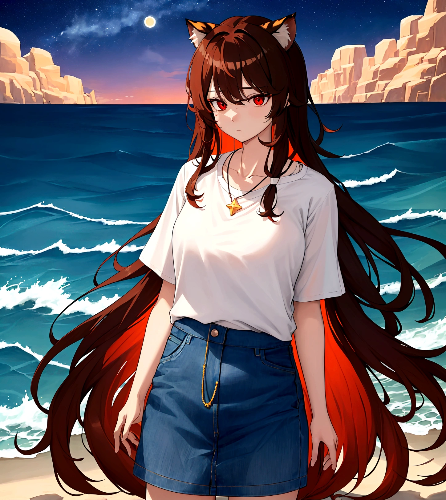 ((최고의 품질)), ((걸작)), (상세한), 여자 1명, Orange brown color hair , black highlights hair , Long and wavy flowing freely hair ,tiger ears on top of the head , red eyes , Calm and gentle eyes , Fair complexion skin ,Simple and clean Casual white T-shirt,Classic fit, slightly worn for a casual look Blue jeans,A simple, elegant necklace with a blue pendant,Dark night by the sea,Starry sky with a visible moon, gentle waves of the ocean,The character is standing by the shore, gazing at the night sky, blending casual attire with the serene and mysterious ambiance of the nighttime sea,